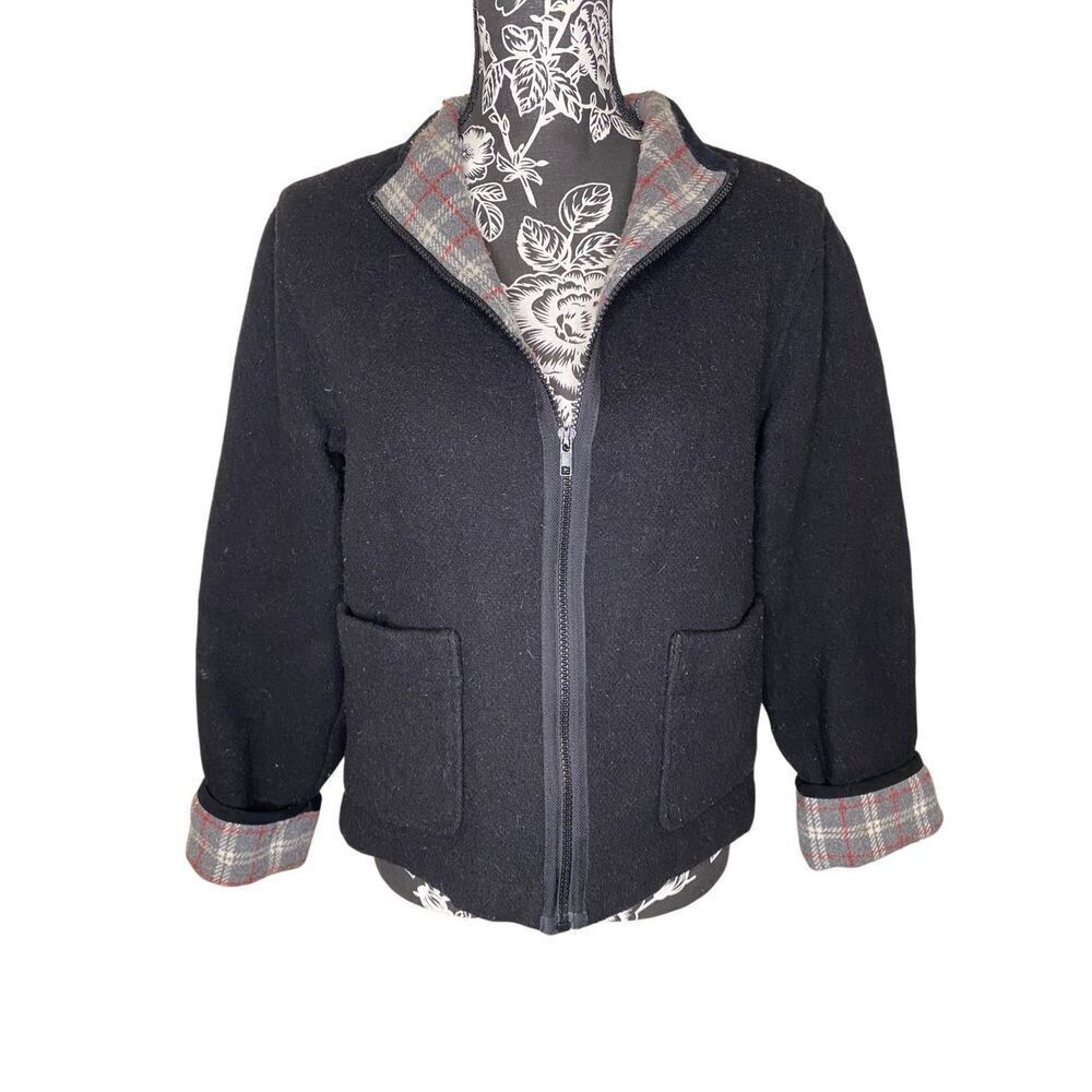 Norton Studio Petites Black Wool Blend Zip Jacket Plaid Lining Pockets PL Women